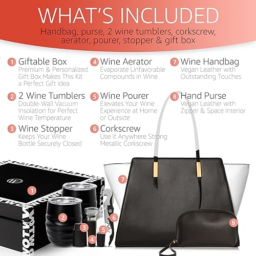 Chic Wine Handbag Bundle Picnic Package with 2 Wine Tumblers, Aerator, Pourer, Hand Purse, Stopper, Corkscrew, Hidden Wine Chiller Compartment and A Giftable Box - Ideal Gift for Wine Lovers - Black and White - Open The Wine