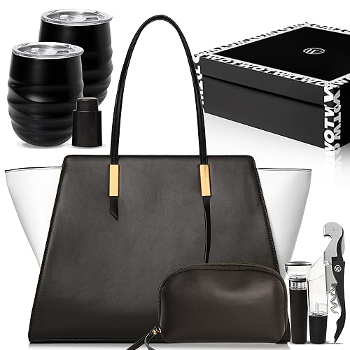Chic Wine Handbag Bundle Picnic Package with 2 Wine Tumblers, Aerator, Pourer, Hand Purse, Stopper, Corkscrew, Hidden Wine Chiller Compartment and A Giftable Box - Ideal Gift for Wine Lovers - Black and White - Open The Wine