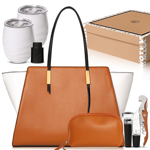 Chic Wine Handbag Bundle Picnic Package with 2 Wine Tumblers, Aerator, Pourer, Hand Purse, Stopper, Corkscrew, Hidden Wine Chiller Compartment and A Giftable Box - Ideal Gift for Wine Lovers - Brown and White - Open The Wine