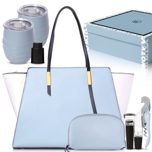 Chic Wine Handbag Bundle Picnic Package with 2 Wine Tumblers, Aerator, Pourer, Hand Purse, Stopper, Corkscrew, Hidden Wine Chiller Compartment and A Giftable Box - Ideal Gift for Wine Lovers - Light Blue and White - Open The Wine