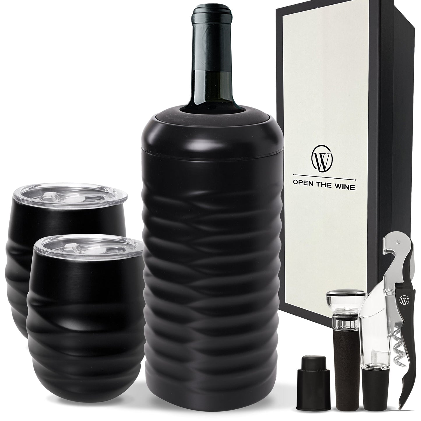 Open The Wine Complete Package Stylish Wine Chiller Bundle Box - All In One Wine Kit - Ideal Gift For Wine lovers - Black Color - Open The Wine