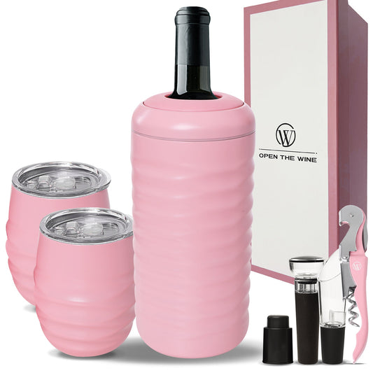 Open The Wine Complete Package Stylish Wine Chiller Bundle Box - All In One Wine Kit - Ideal Gift For Wine lovers - Ideal Gift For Wine Lovers - Pink - Open The Wine