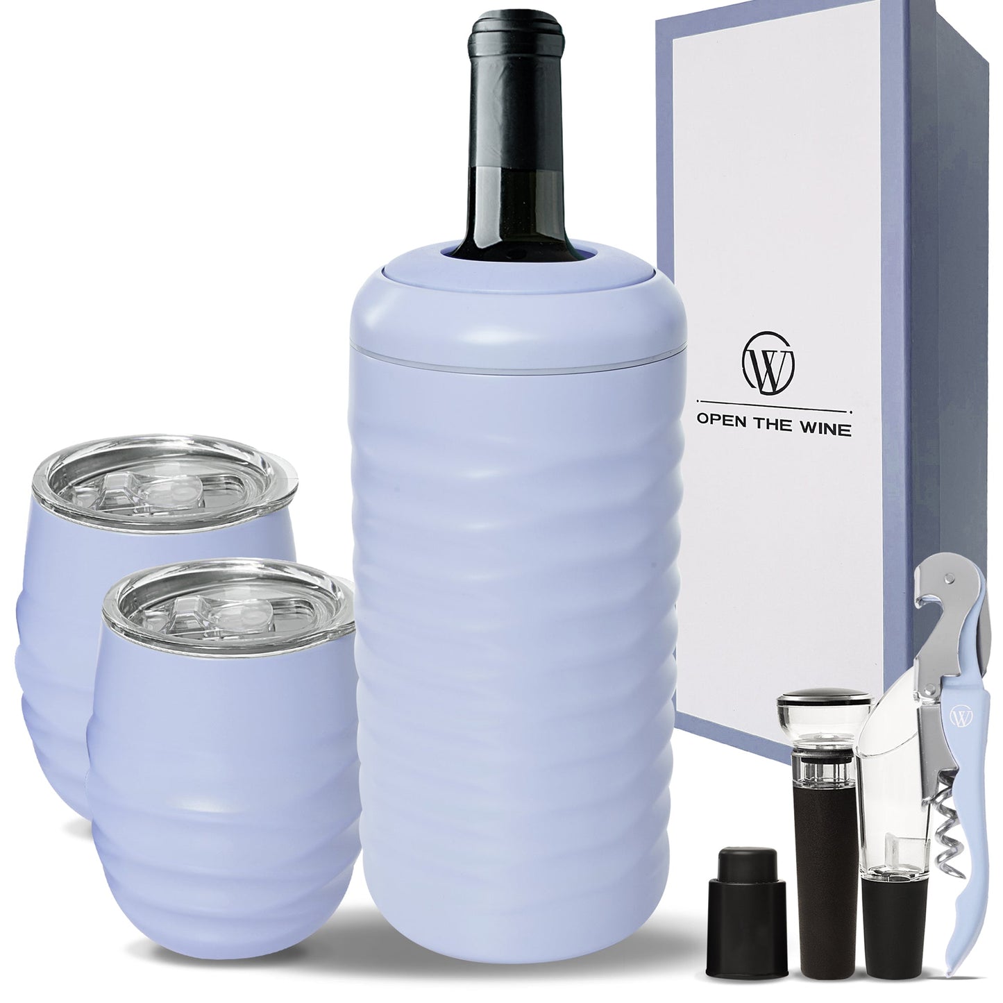 Open The Wine Complete Package Stylish Wine Chiller Bundle Box - All In One Wine Kit - Ideal Gift For Wine lovers - Light Blue - Open The Wine
